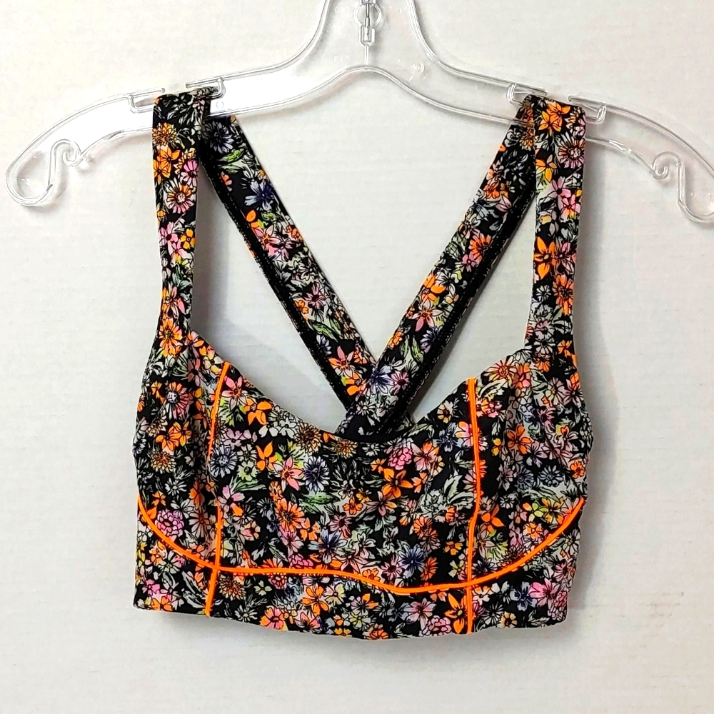 SALE Floral with neon orange Sports bra -  S